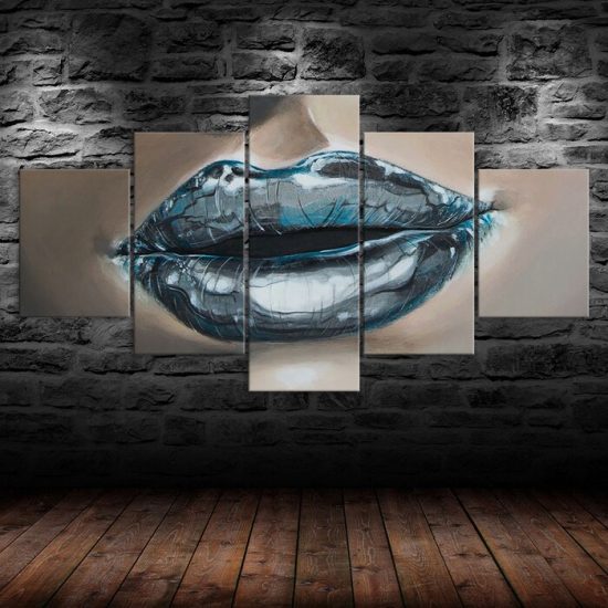 Abstract Woman Blue Lips Painting 5 Piece Five Panel Canvas Print Modern Poster Wall Art Decor 1