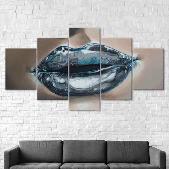 Abstract Woman Blue Lips Painting 5 Piece Five Panel Canvas Print Modern Poster Wall Art Decor 2