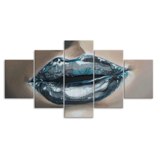 Abstract Woman Blue Lips Painting 5 Piece Five Panel Canvas Print Modern Poster Wall Art Decor 3