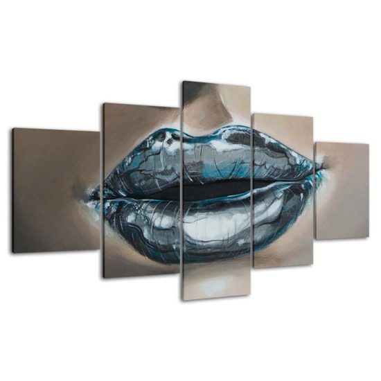 Abstract Woman Blue Lips Painting 5 Piece Five Panel Canvas Print Modern Poster Wall Art Decor 4