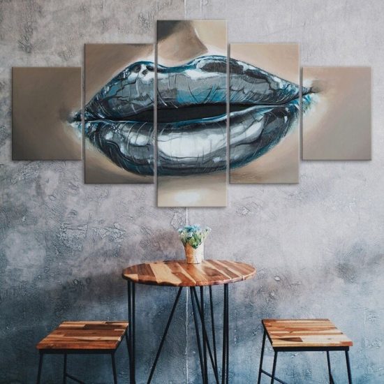 Abstract Woman Blue Lips Painting 5 Piece Five Panel Canvas Print Modern Poster Wall Art Decor