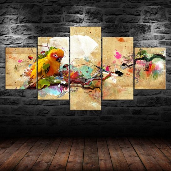 Abstract Yellow Parrot Bird Picture 5 Piece Five Panel Wall Canvas Print Modern Poster Wall Art Decor 1