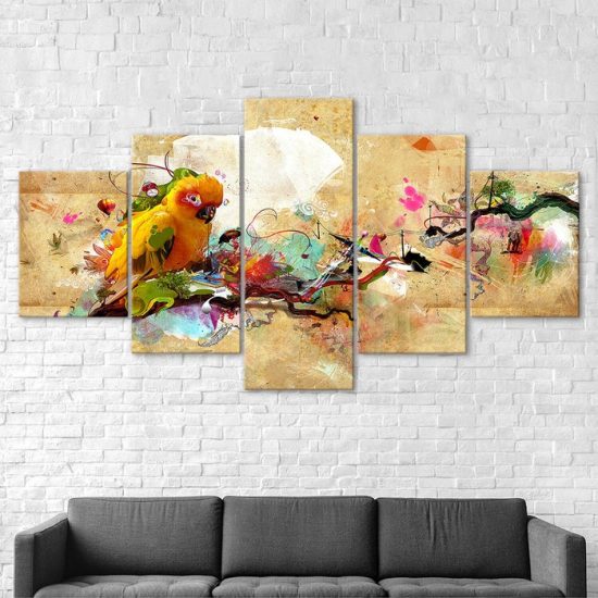 Abstract Yellow Parrot Bird Picture 5 Piece Five Panel Wall Canvas Print Modern Poster Wall Art Decor 2
