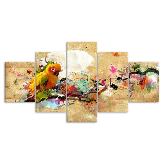 Abstract Yellow Parrot Bird Picture 5 Piece Five Panel Wall Canvas Print Modern Poster Wall Art Decor 3