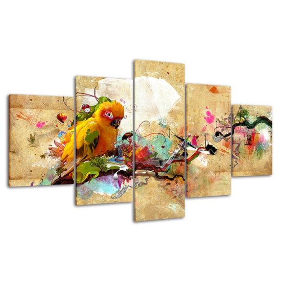 Abstract Yellow Parrot Bird Picture 5 Piece Five Panel Wall Canvas Print Modern Poster Wall Art Decor 4