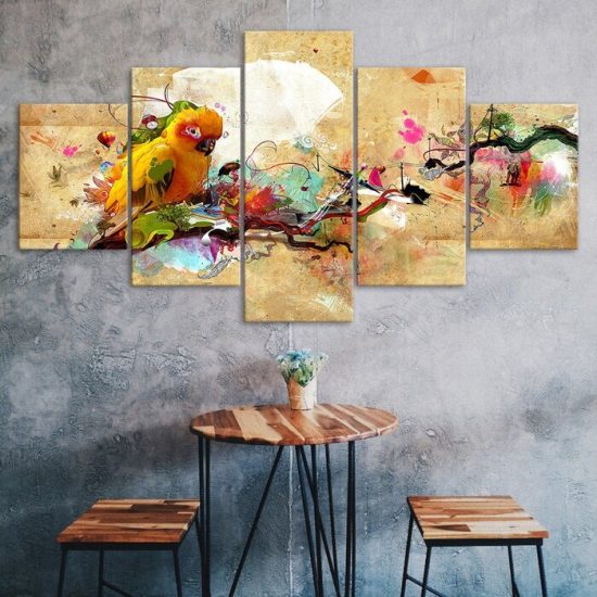 Abstract Yellow Parrot Bird Picture 5 Piece Five Panel Wall Canvas Print Modern Poster Wall Art Decor