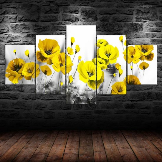 Abstract Yellow Poppy Flowers 5 Piece Five Panel Wall Canvas Print Modern Art Poster Wall Art Decor 1