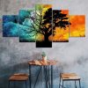 Abstract Yin Yang Tree Shadow Silhouette Fantasy World 5 Piece Five Panel Canvas Print Modern Poster Wall Art Decor