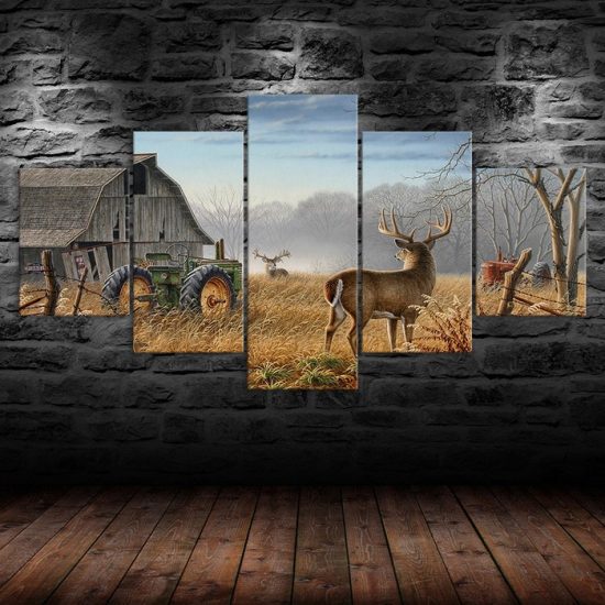 Animal Deer Village Landscape 5 Piece Five Panel Wall Canvas Print Modern Art Poster Wall Art Decor 1