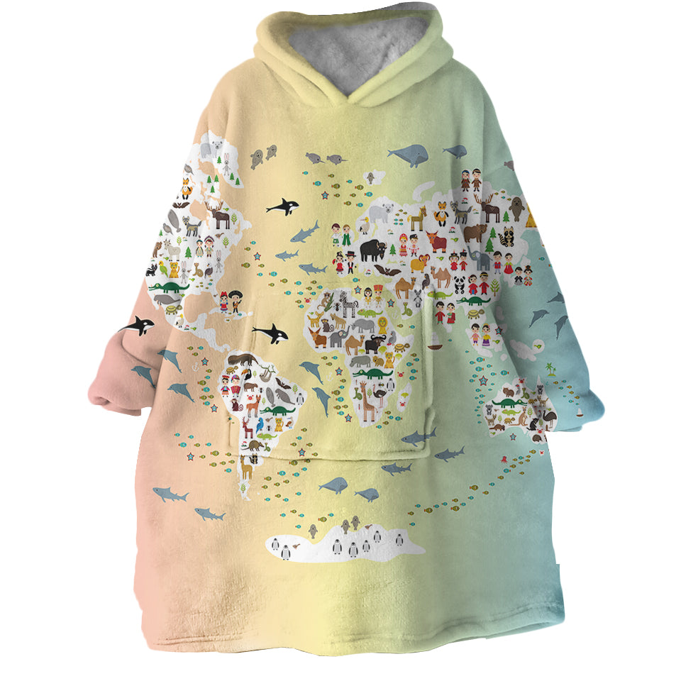 Animal-World-Map-Hoodie-Wearable-Blanket-WB1557-1 Animal World Map Hoodie Wearable Blanket WB1557 1