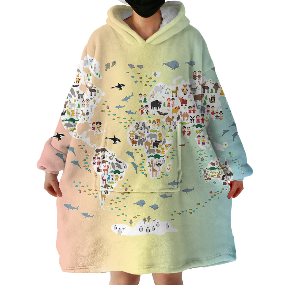 Animal-World-Map-Hoodie-Wearable-Blanket-WB1557 Animal World Map Hoodie Wearable Blanket WB1557