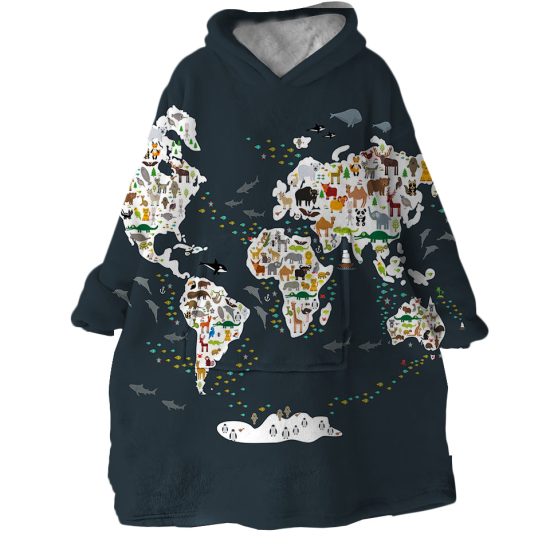 Animal World Map Hoodie Wearable Blanket WB1561 1