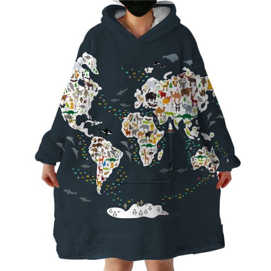 Animal World Map Hoodie Wearable Blanket WB1561