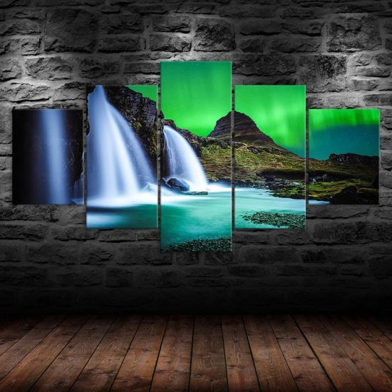Aurora Waterfall Iceland Canvas 5 Piece Five Panel Print Modern Wall Art Poster Wall Art Decor 1