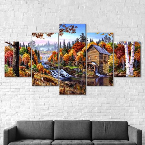 Autumn House Forest Trees River Stream Landscape Canvas 5 Piece Five Panel Wall Print Modern Poster Wall Art Decor 2