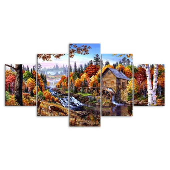 Autumn House Forest Trees River Stream Landscape Canvas 5 Piece Five Panel Wall Print Modern Poster Wall Art Decor 3