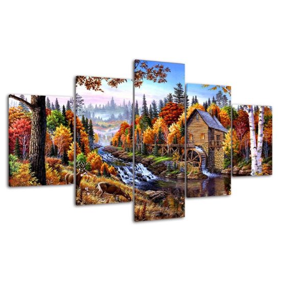 Autumn House Forest Trees River Stream Landscape Canvas 5 Piece Five Panel Wall Print Modern Poster Wall Art Decor 4