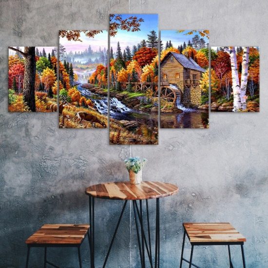 Autumn House Forest Trees River Stream Landscape Canvas 5 Piece Five Panel Wall Print Modern Poster Wall Art Decor