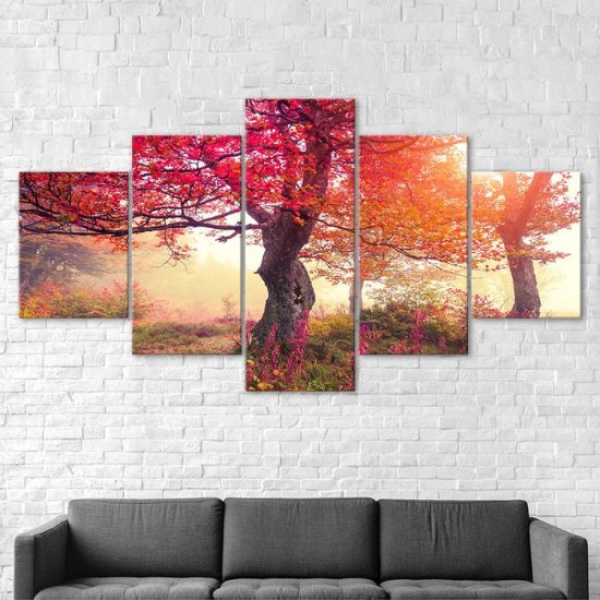 Autumn Trees Purple Red Scenery Canvas 5 Piece Five Panel Wall Print Modern Poster Wall Art Decor 2