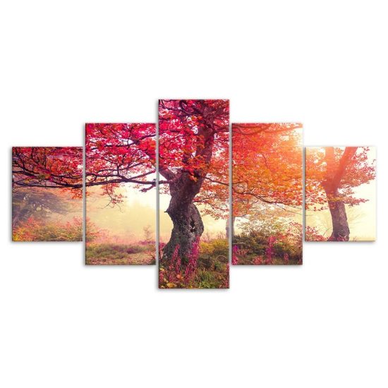 Autumn Trees Purple Red Scenery Canvas 5 Piece Five Panel Wall Print Modern Poster Wall Art Decor 3