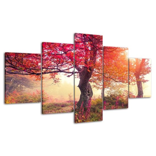 Autumn Trees Purple Red Scenery Canvas 5 Piece Five Panel Wall Print Modern Poster Wall Art Decor 4