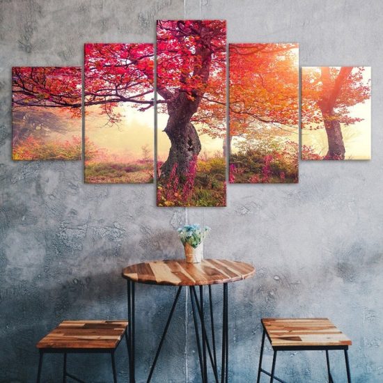Autumn Trees Purple Red Scenery Canvas 5 Piece Five Panel Wall Print Modern Poster Wall Art Decor