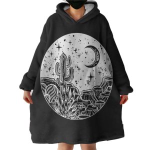 B&W Gothic Cactus In Night Sketch Hoodie Wearable Blanket WB0254