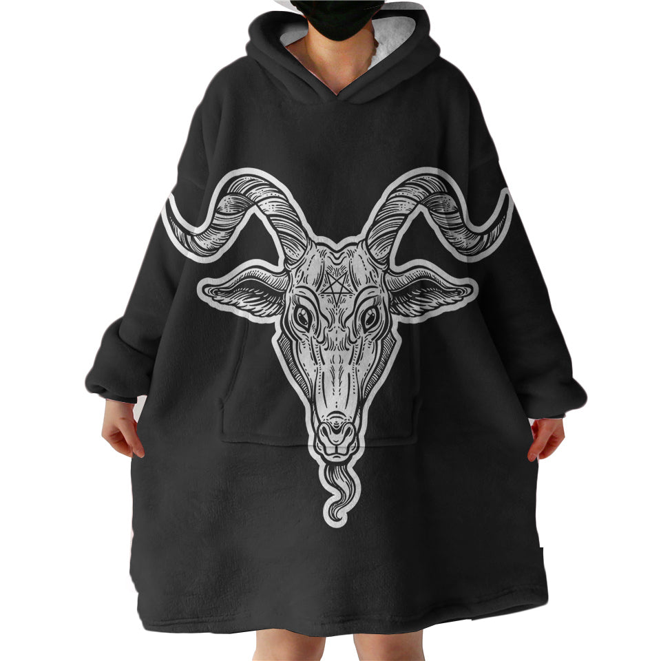 BW-Gothic-Goat-Head-Black-Line-Hoodie-Wearable-Blanket-WB0255 B&W Gothic Goat Head Black Line Hoodie Wearable Blanket WB0255