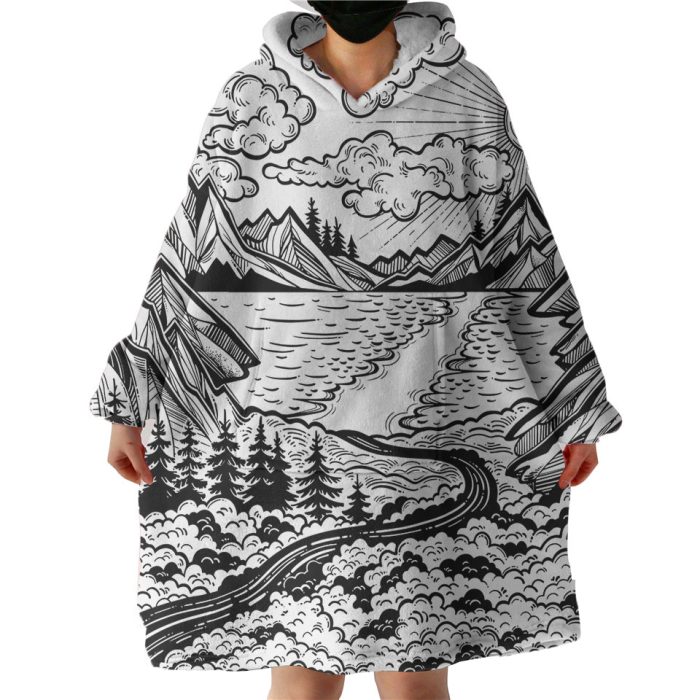 B&W Old School Vital Landscape Sketch Hoodie Wearable Blanket WB0286