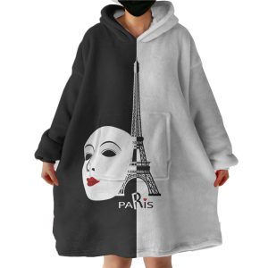 B&W Paris Eiffel Tower Face Mask Red Lips Hoodie Wearable Blanket WB0146