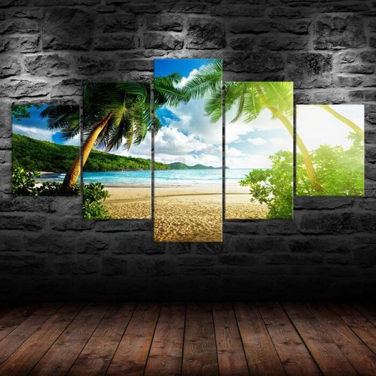 Beach Island Palm Trees Seascape 5 Piece Five Panel Canvas Print Modern Poster Wall Art Decor 1