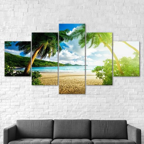 Beach Island Palm Trees Seascape 5 Piece Five Panel Canvas Print Modern Poster Wall Art Decor 2