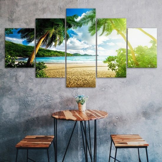 Beach Island Palm Trees Seascape 5 Piece Five Panel Canvas Print Modern Poster Wall Art Decor