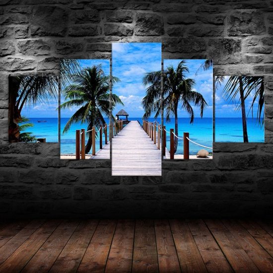 Beach Palm Trees Bridge Seascape 5 Piece Five Panel Wall Canvas Print Modern Art Poster Pictures Home Decor 1