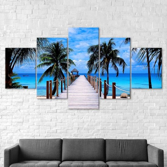 Beach Palm Trees Bridge Seascape 5 Piece Five Panel Wall Canvas Print Modern Art Poster Pictures Home Decor 2
