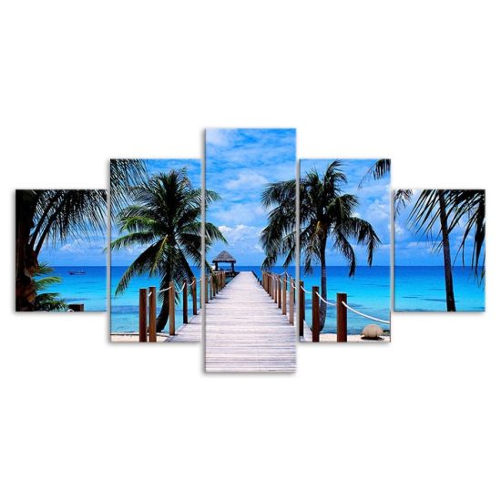 Beach Palm Trees Bridge Seascape 5 Piece Five Panel Wall Canvas Print Modern Art Poster Pictures Home Decor 3