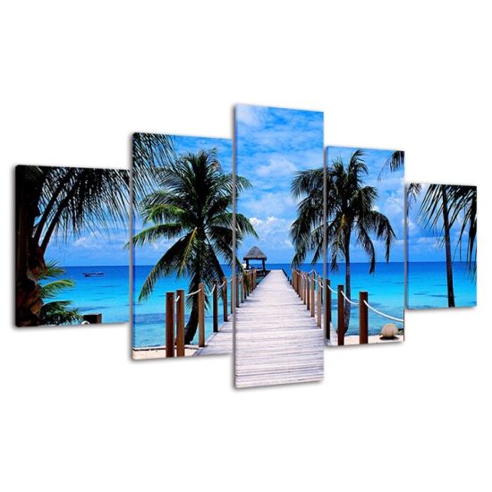 Beach Palm Trees Bridge Seascape 5 Piece Five Panel Wall Canvas Print Modern Art Poster Pictures Home Decor 4
