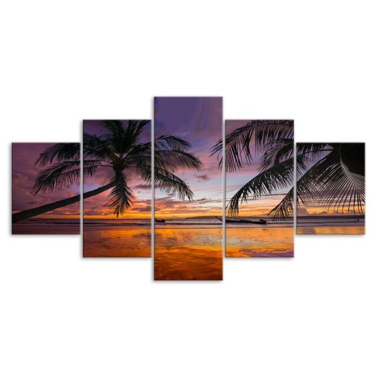 Beach Palm Trees Sunset Canvas 5 Piece Five Panel Wall Print Modern Art Poster Wall Art Decor 3