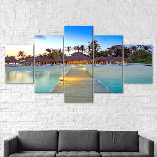 Beach Resort Palm Trees Wooden Bridge Blue Sky 5 Piece Five Panel Canvas Print Modern Poster Wall Art Decor 2
