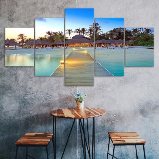 Beach Resort Palm Trees Wooden Bridge Blue Sky 5 Piece Five Panel Canvas Print Modern Poster Wall Art Decor