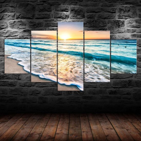 Beach Waves Sunset Seashore Seascape 5 Piece Five Panel Wall Canvas Print Modern Art Poster Wall Art Decor 1