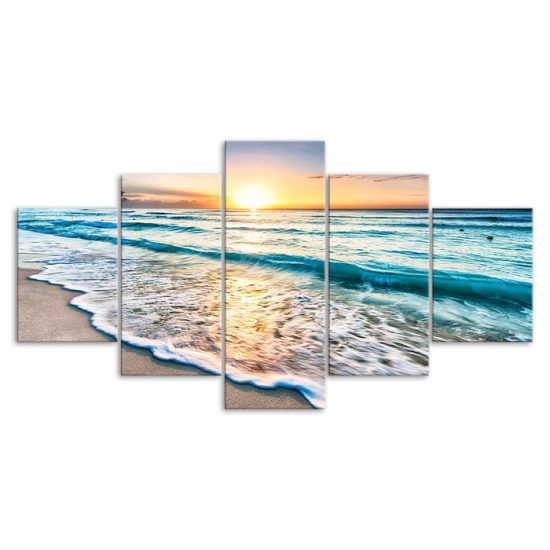 Beach Waves Sunset Seashore Seascape 5 Piece Five Panel Wall Canvas Print Modern Art Poster Wall Art Decor 3