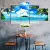 Beach White Sand Palm Trees Blue Sky 5 Piece Five Panel Wall Canvas Print Modern Art Poster Wall Art Decor