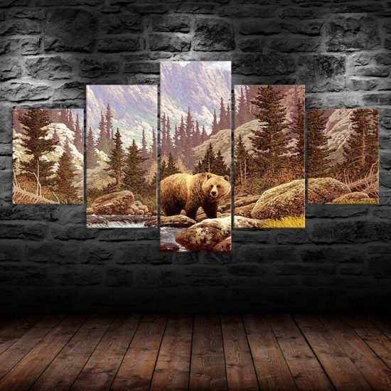 Bear Cute Woodland Forest Animal Painting 5 Piece Five Panel Wall Canvas Print Modern Poster Pictures Home Decor 1