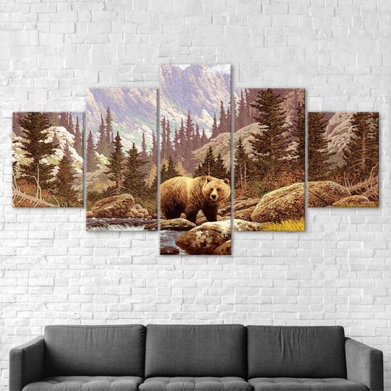 Bear Cute Woodland Forest Animal Painting 5 Piece Five Panel Wall Canvas Print Modern Poster Pictures Home Decor 2