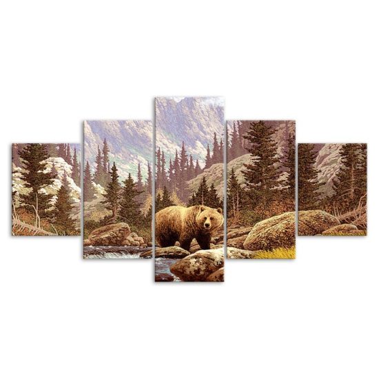 Bear Cute Woodland Forest Animal Painting 5 Piece Five Panel Wall Canvas Print Modern Poster Pictures Home Decor 3