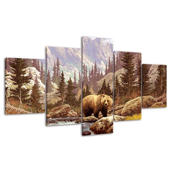 Bear Cute Woodland Forest Animal Painting 5 Piece Five Panel Wall Canvas Print Modern Poster Pictures Home Decor 4