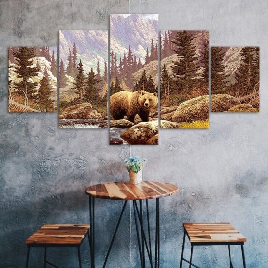 Bear Cute Woodland Forest Animal Painting 5 Piece Five Panel Wall Canvas Print Modern Poster Pictures Home Decor