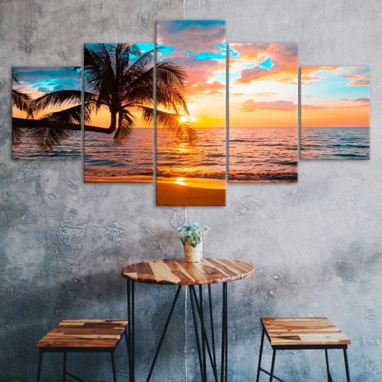 Beautiful Beach Sunset Palm Tree Scene 5 Piece Five Panel Canvas Print Modern Poster Wall Art Decor