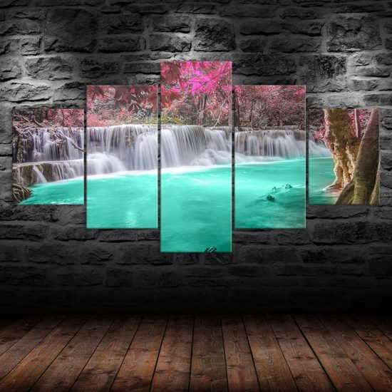 Beautiful Waterfall Scenery Painting 5 Piece Five Panel Canvas Print Modern Poster Wall Art Decor 1